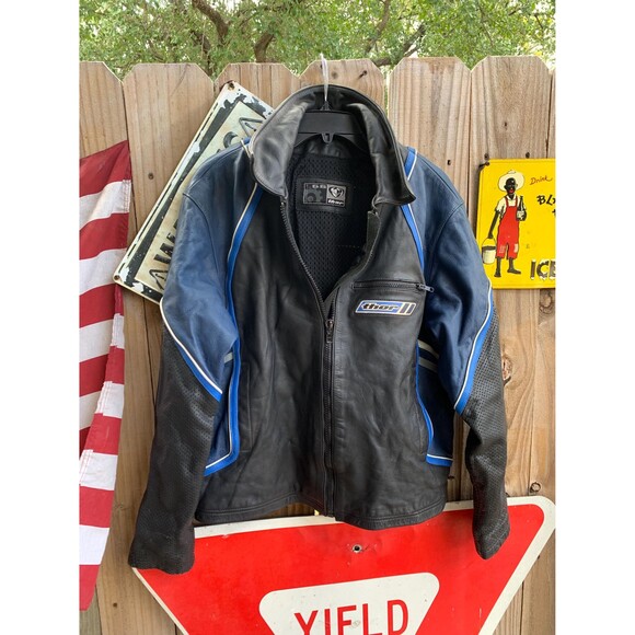 Vintage Black and Blue Leather Motorcycle Racing Jacket - Size L - Picture 1 of 10